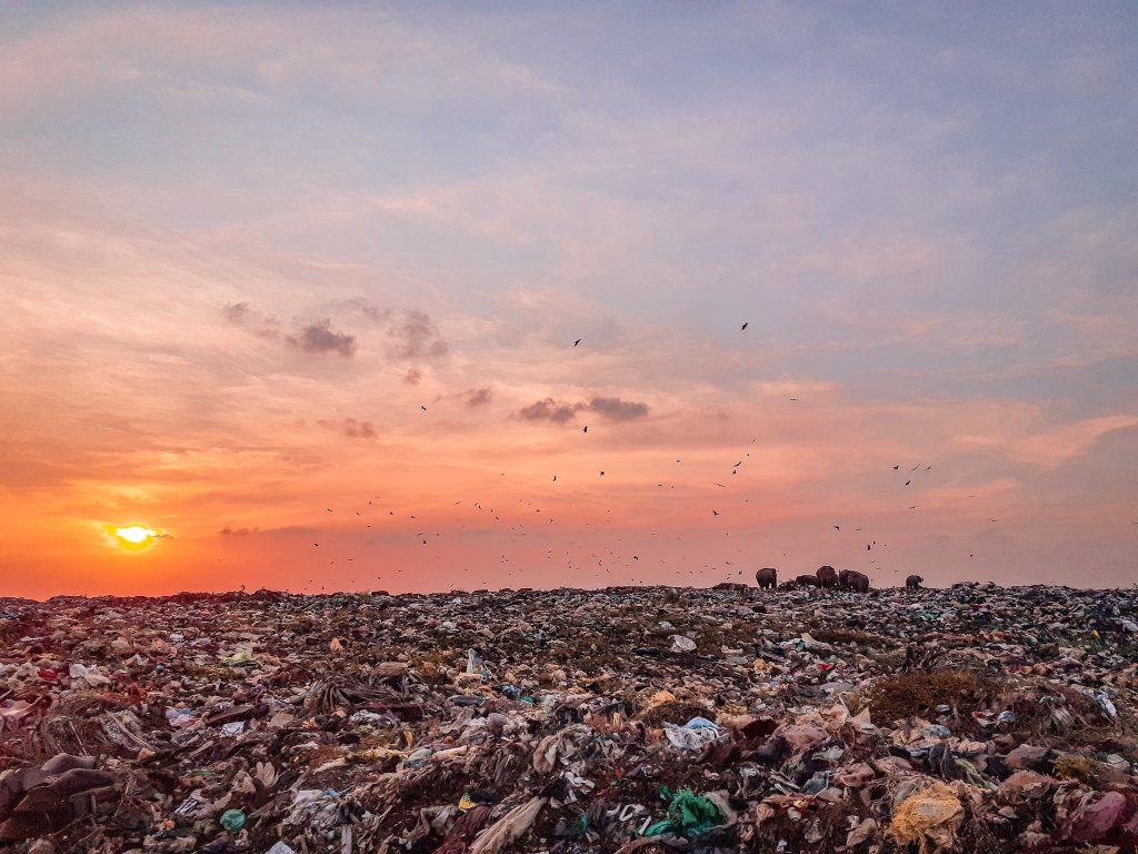 A sprawling landfill at sunset, emphasizing the need for efficient waste management and recycling solutions.