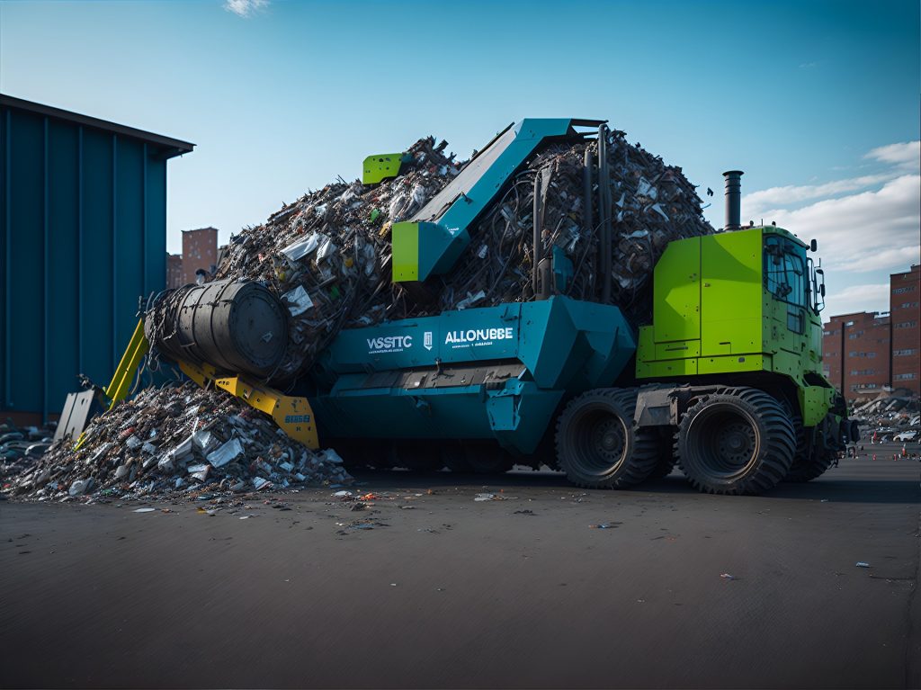 A specialized machine processes a large pile of scrap metal at a recycling center.
