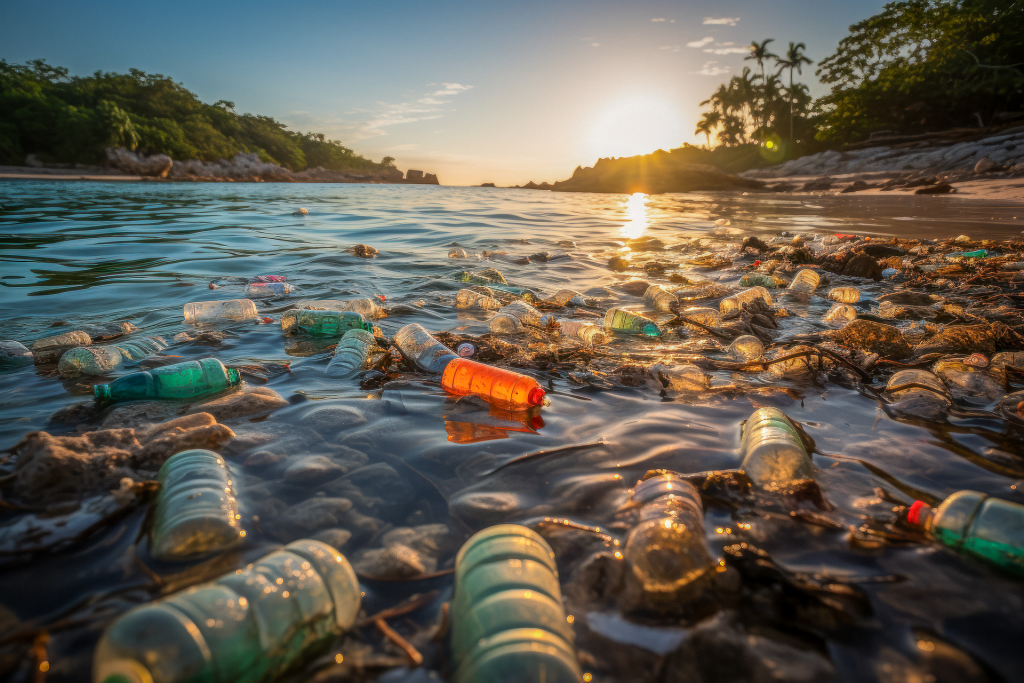 Plastic bottles and trash floating in the water near a beach at sunset, highlighting environmental pollution.